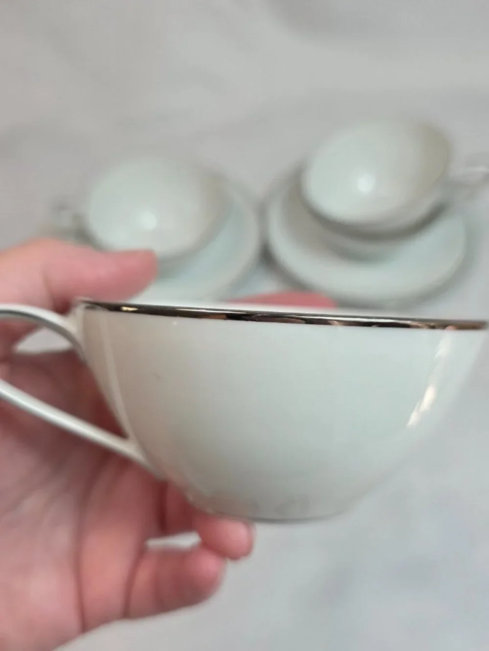 FOUR Noritake Colony Cup & Saucer Sets White Coupe Shape Platinum Trim